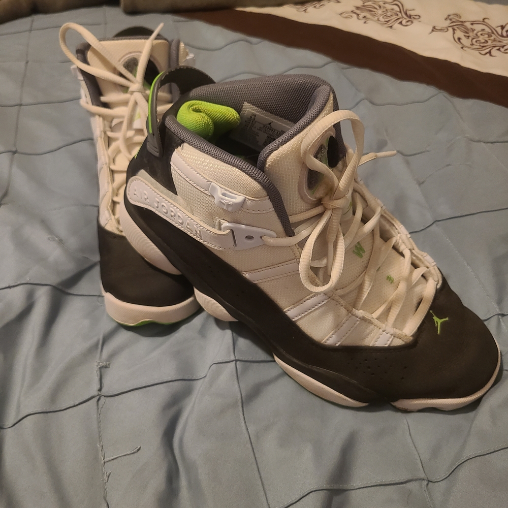 Jordan Athletic Shoes in White, Black, and Green